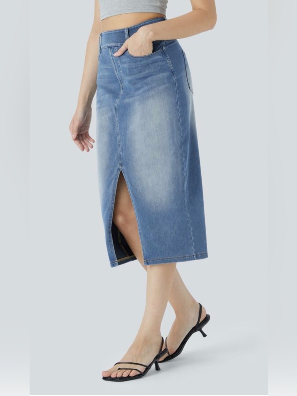 HALARA Light Blue Denim Midi Skirt with Front Slit